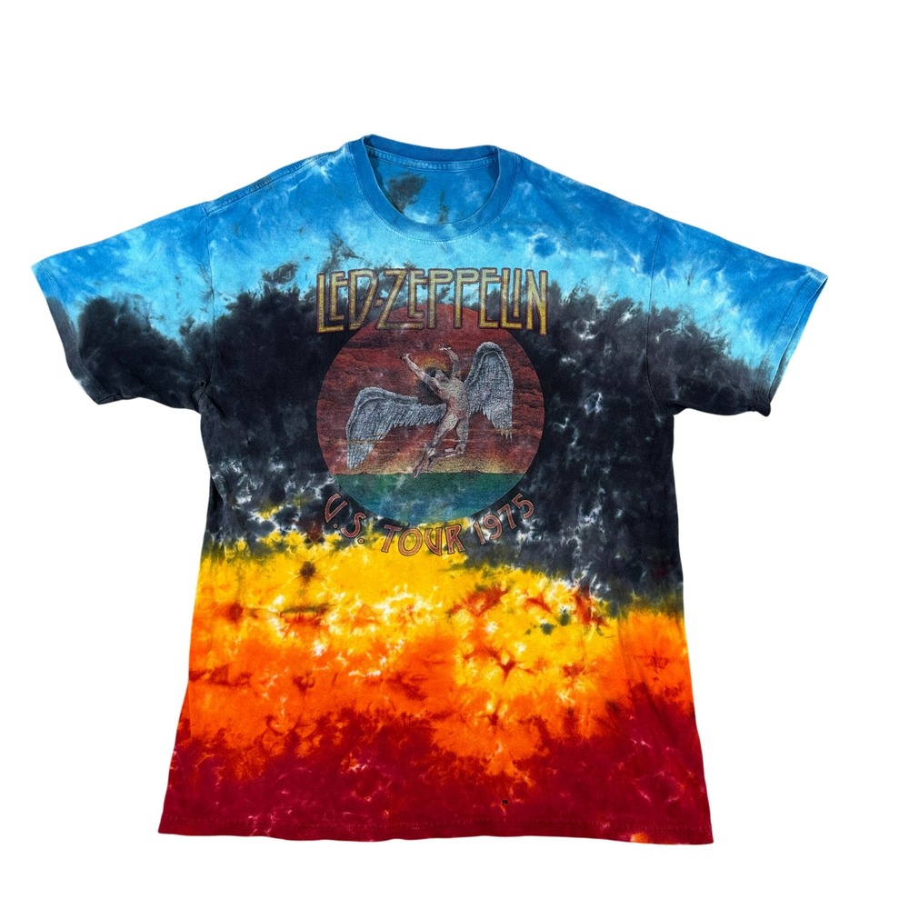 Led Zeppelin US Tour 1975 Tie Dye Graphic T-Shirt Multi-Color Rock Band Tee